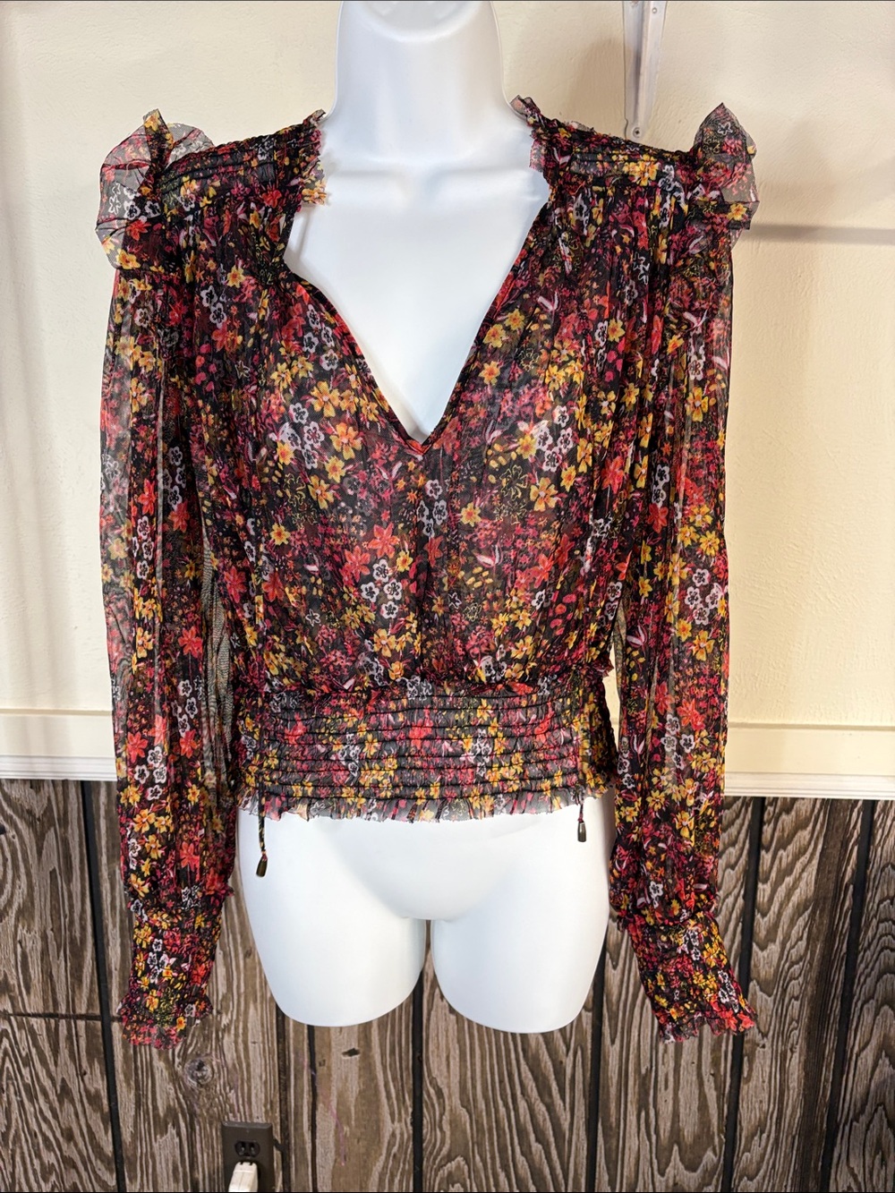 Free People Black Sheer Floral V-Neck Smocked Waist Blouse
